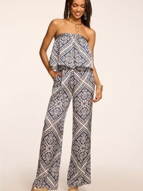 Ramy Brook Navy and Cream Strapless Printed Wide-Leg Jumpsuit